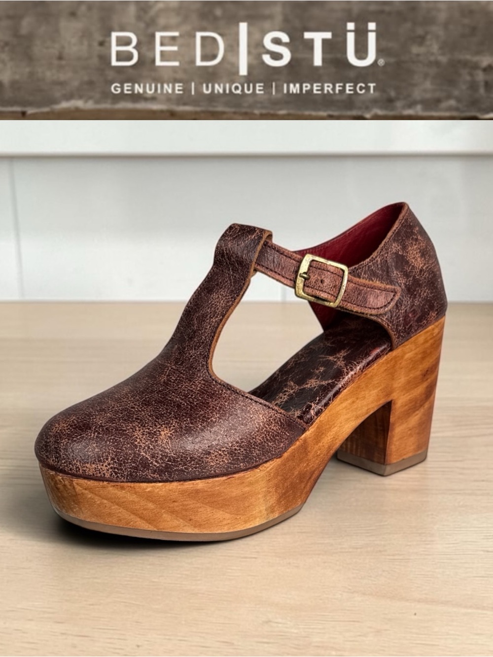 BEDSTU DISTRESSED LEATHER T-STRAP PLATFORM CLOG WOOD HEELS VINTAGE BROWN SIZE 10